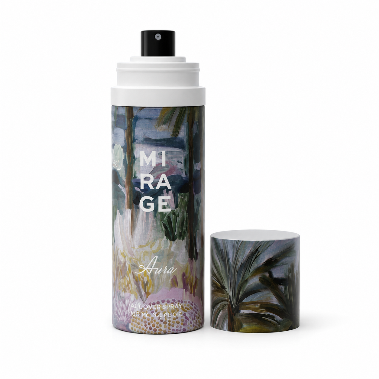 MIRAGE AURA All Over Spray 100 ml, open bottle with spray nozzle and cap